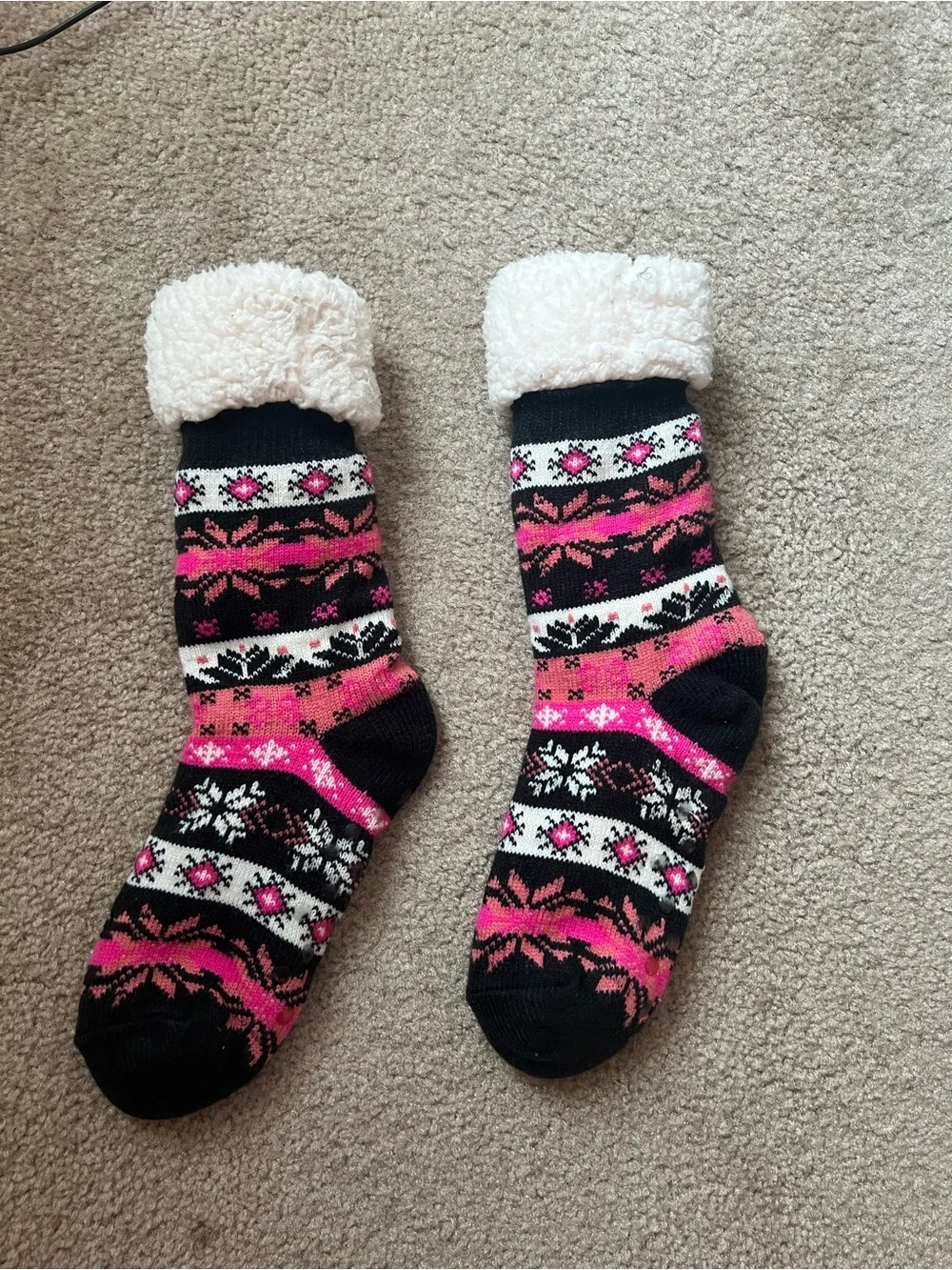 Sherpa Lined Slipper Socks Set of Two Non Slip Gripper Fair Isle